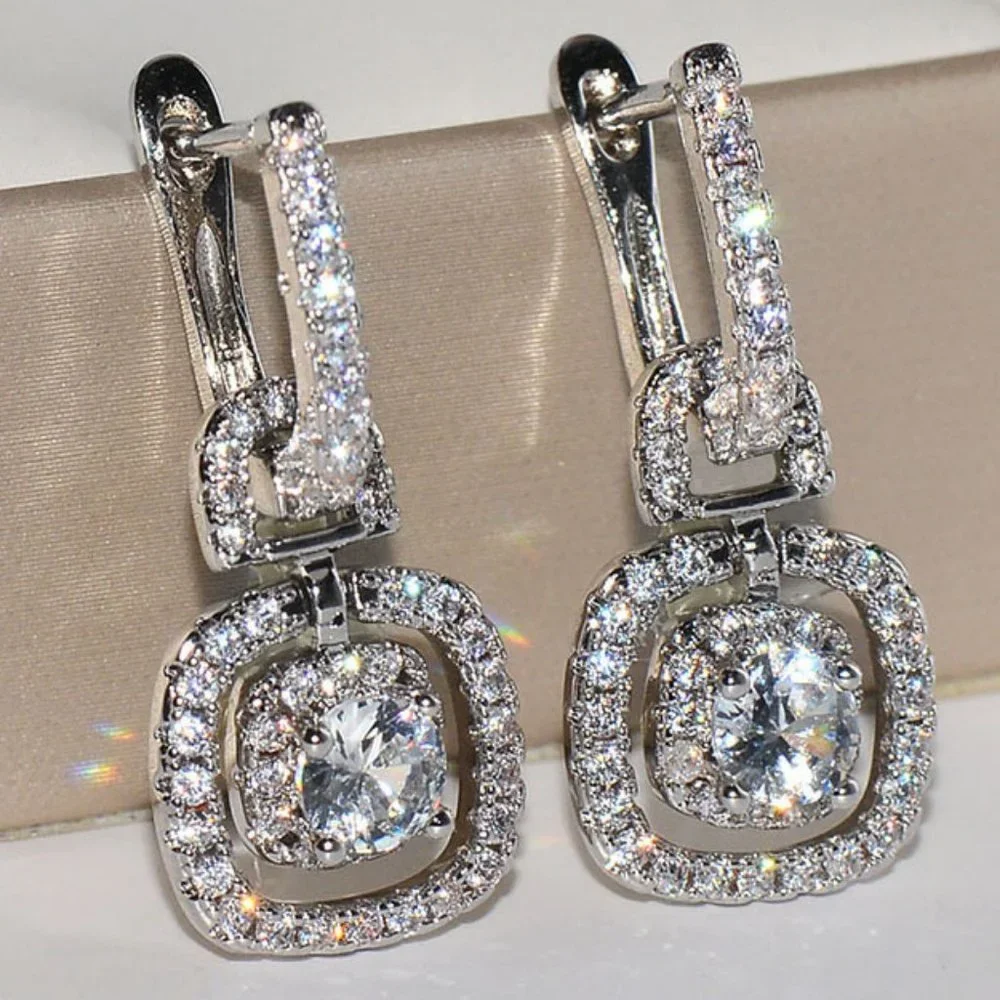 NEW Silver Round Diamond Halo Drop Huggie Hoops Earrings